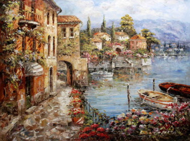 Painting titled "Lake Villa in Varen…" by Roberto Fisano, Original Artwork, Oil