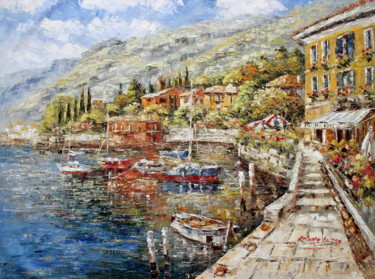 Painting titled "Lakeside Bellagio C…" by Roberto Fisano, Original Artwork, Oil