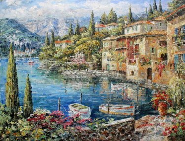 Painting titled "Riva di Varenna Com…" by Roberto Fisano, Original Artwork, Oil