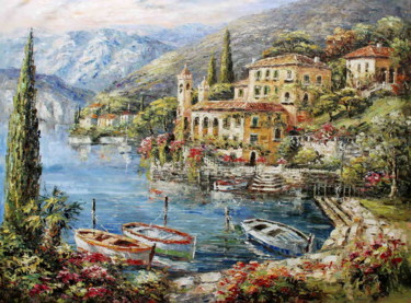 Painting titled "Lakeside Villa, Bel…" by Roberto Fisano, Original Artwork, Oil