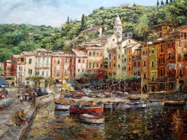 Painting titled "Portofino Italy" by Roberto Fisano, Original Artwork, Oil