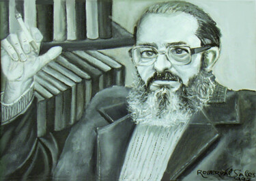 Painting titled "RETRATO PAULO FREIRE" by Roberval Sales, Original Artwork, Acrylic