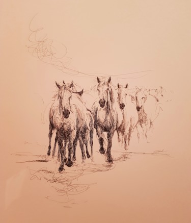 Drawing titled "Chevaux" by Karl Robial, Original Artwork, Ink