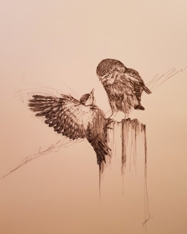 Drawing titled "Oiseaux" by Karl Robial, Original Artwork, Ink