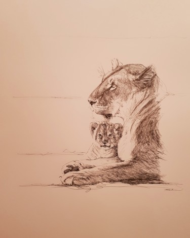 Drawing titled "Lionne lionceau" by Karl Robial, Original Artwork, Ink