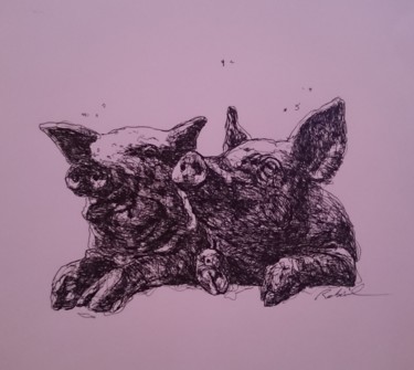 Drawing titled "Cochons" by Karl Robial, Original Artwork, Ink