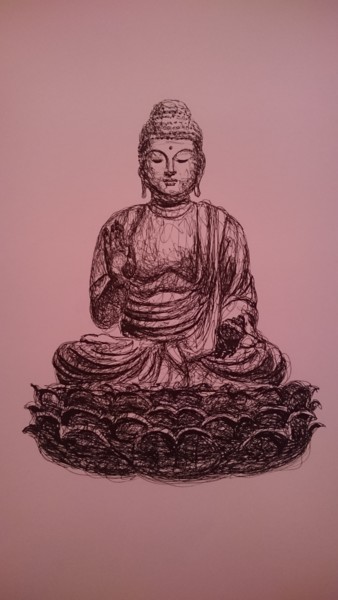 Drawing titled "Bouddha 2" by Karl Robial, Original Artwork, Ink