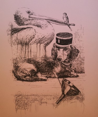 Drawing titled "Chien pélican oiseau" by Karl Robial, Original Artwork, Ink
