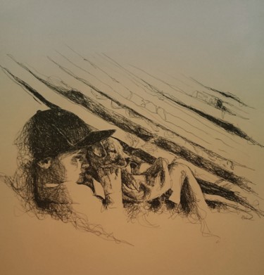 Drawing titled "Enfant et chien" by Karl Robial, Original Artwork, Ink