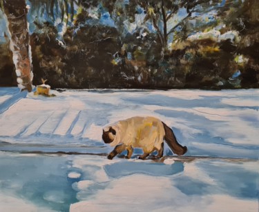 Painting titled "Cat in the snow" by Karl Robial, Original Artwork, Oil