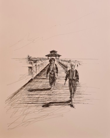Drawing titled "Birmanie" by Karl Robial, Original Artwork, Ink