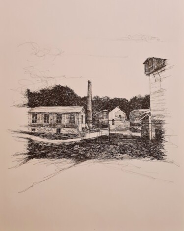 Drawing titled "Les forges" by Karl Robial, Original Artwork, Ink