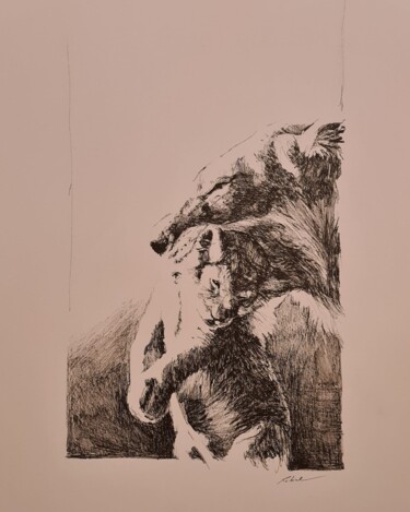 Zeichnungen mit dem Titel "Lionne 14/01/23" von Karl Robial, Original-Kunstwerk, Tinte