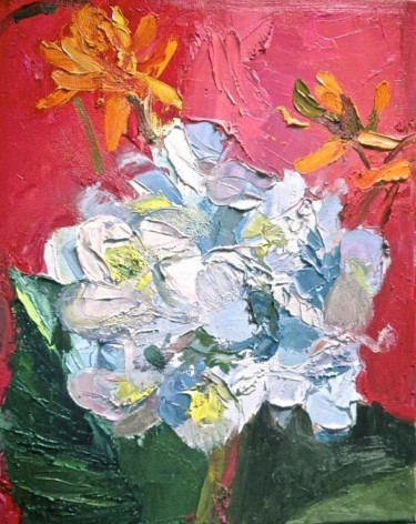 Painting titled "blue hydrangea" by Robin Frey, Original Artwork, Oil