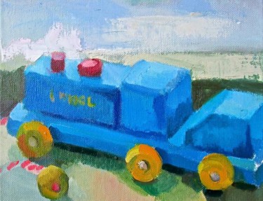 Painting titled "Playskool Train" by Robin Frey, Original Artwork, Oil