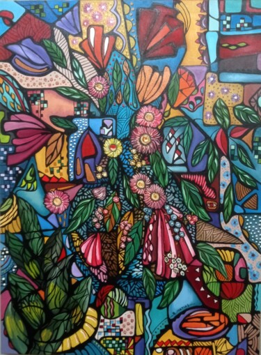 Pittura intitolato "Vaso e flores" da Robson Matias, Opera d'arte originale, Olio Montato su Telaio per barella in legno