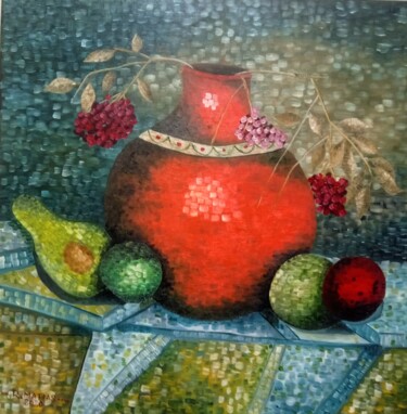Painting titled "Vaso e frutas" by Robson Matias, Original Artwork, Oil Mounted on Wood Stretcher frame