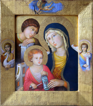 Pintura intitulada "Madonna con bambino…" por Alfonso Rocchi, Obras de arte originais, Têmpera