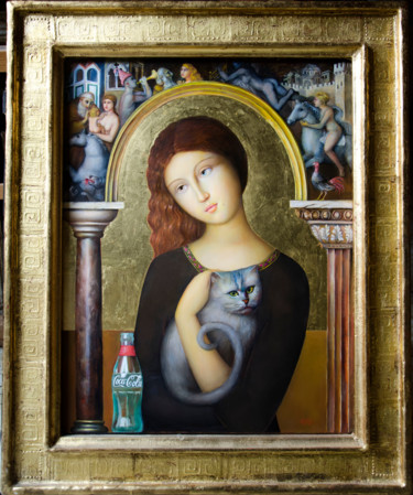 Schilderij getiteld "Madonna con gatto e…" door Alfonso Rocchi, Origineel Kunstwerk, Olie
