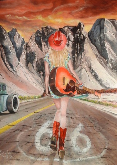 Painting titled "Country Road , Moth…" by Rocha  ,Pin-Up-Style-Painting-Art, Original Artwork, Oil