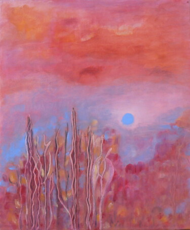 Schilderij getiteld "Soleil bleu" door Roche Marie T., Origineel Kunstwerk, Olie Gemonteerd op Frame voor houten brancard