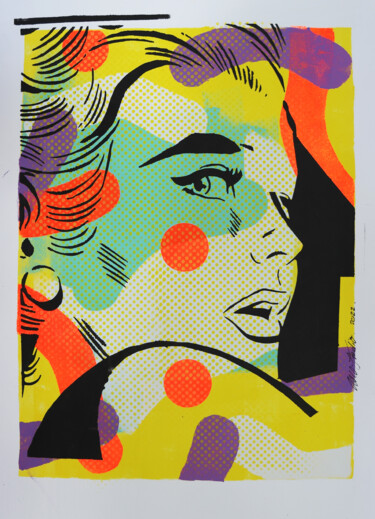 Malerei mit dem Titel "Comic Girl in Neon…" von Roco.Studio, Original-Kunstwerk, Acryl