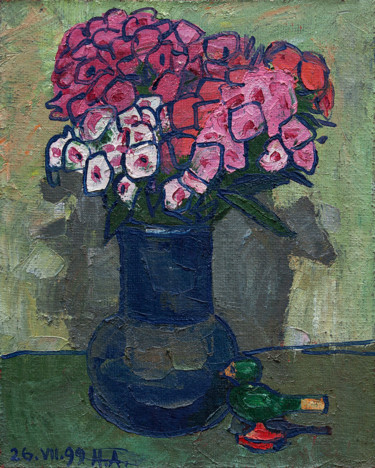 Картина под названием "Цветы и птичка" - Родион Андросов, Подлинное произведение искусства, Масло