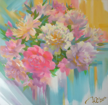 Painting titled "Sunny peonies" by Yuriy Sidorenko, Original Artwork, Acrylic Mounted on Wood Stretcher frame