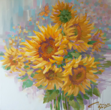 Painting titled "Sunny flower" by Yuriy Sidorenko, Original Artwork, Acrylic Mounted on Wood Stretcher frame