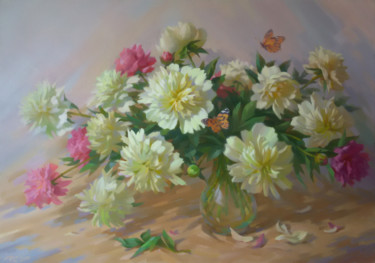 Painting titled "Delicate peonies" by Yuriy Sidorenko, Original Artwork, Oil Mounted on Wood Stretcher frame