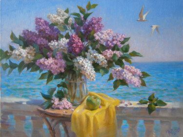 Painting titled "Lilac" by Yuriy Sidorenko, Original Artwork, Oil Mounted on Wood Stretcher frame