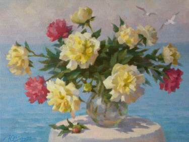 Painting titled "Peonies on the back…" by Yuriy Sidorenko, Original Artwork, Oil Mounted on Wood Stretcher frame