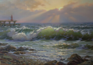 Painting titled "Alushta, lighthouse." by Yuriy Sidorenko, Original Artwork, Oil