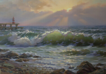Alushta, lighthouse. Peinture intitulée "Alushta, lighthouse." par Yuriy Sidorenko, Œuvre d'art originale, Huile