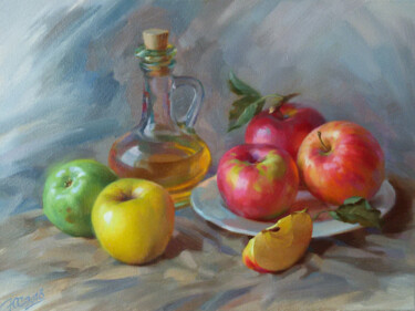 Painting titled "Apple juice" by Yuriy Sidorenko, Original Artwork, Oil Mounted on Wood Stretcher frame