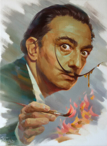 Painting titled "Dali gave fire" by Yuriy Sidorenko, Original Artwork, Oil Mounted on Wood Stretcher frame