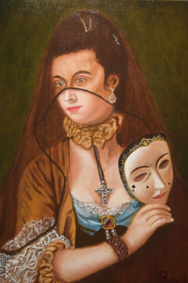 Schilderij getiteld "Dama en Carnaval" door Rodolfo Rivera, Origineel Kunstwerk, Olie