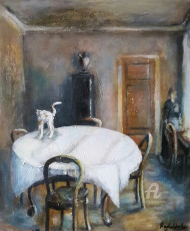 Painting titled "Le chat sur la table" by Rodolphe Lavayssiere, Original Artwork, Acrylic
