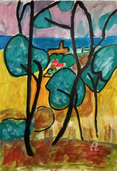 Painting titled "Paysage bord de mer" by Rodolphe Lavayssiere, Original Artwork, Gouache