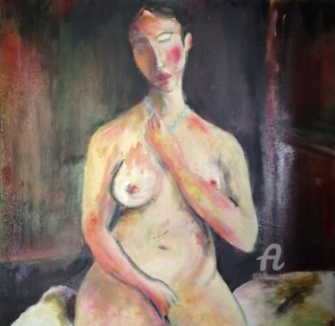 Painting titled "Femme au collier bl…" by Rodolphe Lavayssiere, Original Artwork, Oil