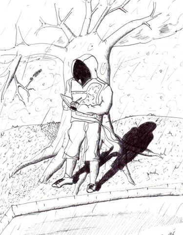 Dessin intitulée "Seul à l'abri du ve…" par Rodolphe Persée, Œuvre d'art originale, Stylo à bille