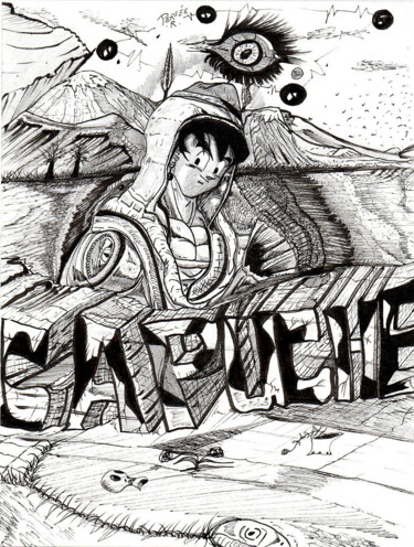 Drawing titled "Son goku à capuche" by Rodolphe Persée, Original Artwork, Pencil