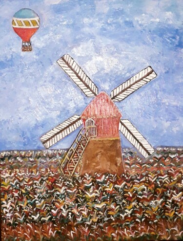 Картина под названием "voyage en montgolfi…" - Rodolphe Quinet, Подлинное произведение искусства, Масло Установлен на Деревя…