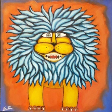 Schilderij getiteld "le lion de pixelus" door Rodolphe Quinet, Origineel Kunstwerk, Olie Gemonteerd op Frame voor houten bra…