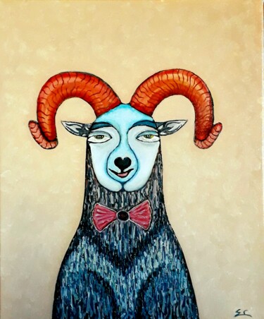 Painting titled "le mouflon  "les zy…" by Rodolphe Quinet, Original Artwork, Oil Mounted on Wood Stretcher frame