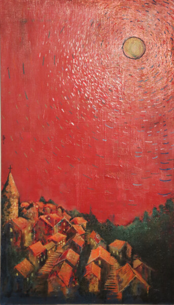 Painting titled "Le Village" by Rodrigo Arias Perez, Original Artwork, Oil