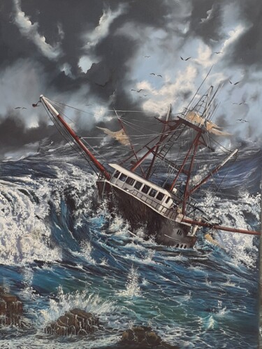 Painting titled "Pesca perigosa" by Rodrigo Monteiro, Original Artwork, Oil Mounted on Wood Panel