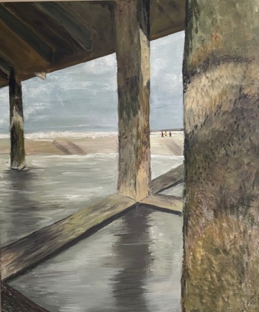 Painting titled "Blankenberge pier" by Roel Beernaert, Original Artwork, Oil Mounted on Wood Stretcher frame