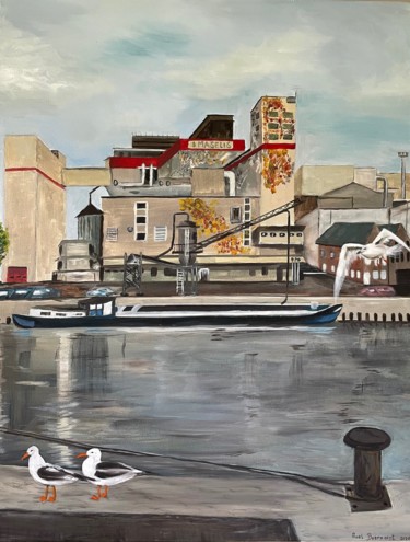 Painting titled "Roeselare haven" by Roel Beernaert, Original Artwork, Oil Mounted on Wood Stretcher frame