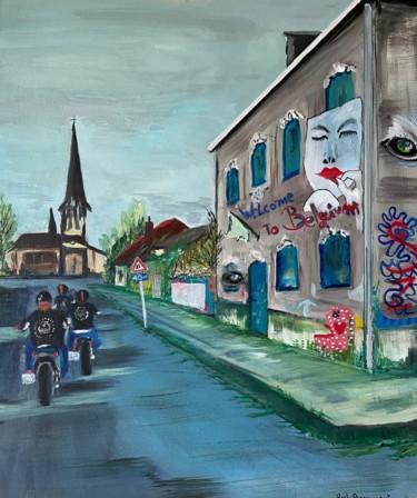 Ζωγραφική με τίτλο "Doel Harley Davidson" από Roel Beernaert, Αυθεντικά έργα τέχνης, Λάδι Τοποθετήθηκε στο Ξύλινο φορείο σκε…